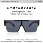 Feature banner for AvileDubee HB80385 bold modern one-piece shield sunglasses, text introduces slimming wrap-around frame flattering all face shapes, matches streetwear casual festival outfits