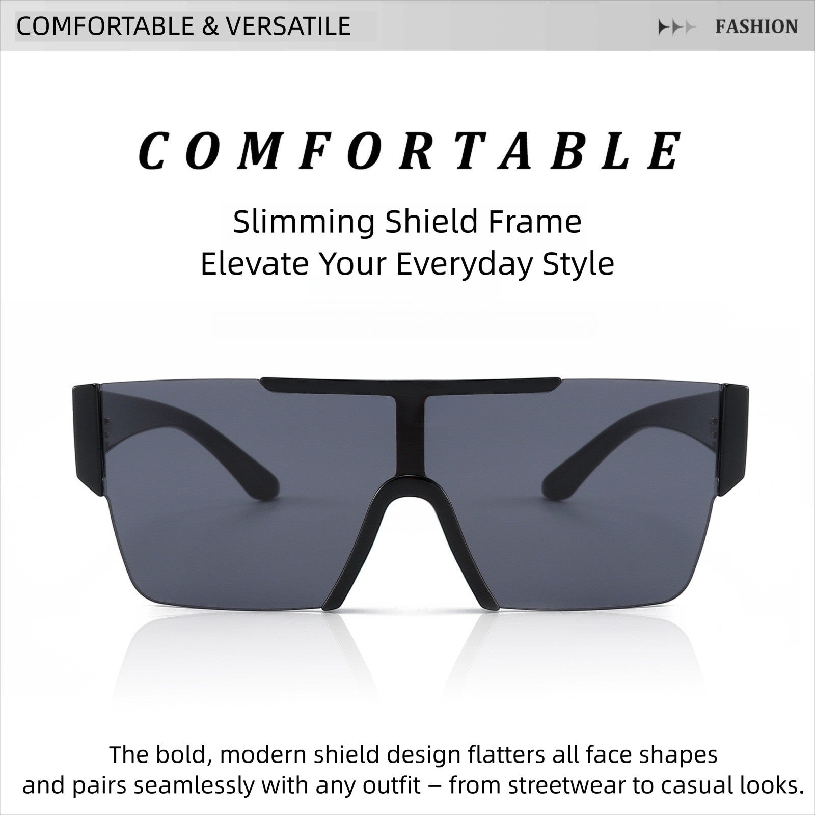 Feature banner for AvileDubee HB80385 bold modern one-piece shield sunglasses, text introduces slimming wrap-around frame flattering all face shapes, matches streetwear casual festival outfits