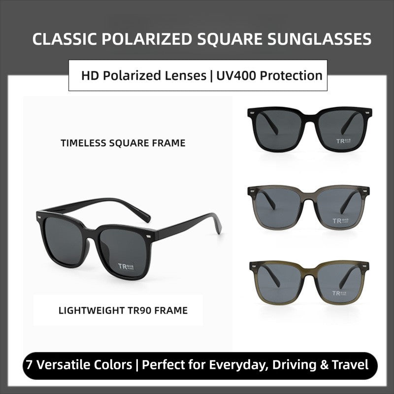 Feature banner of AvileDubee TR20416 multi-color square sunglasses collection, highlights lightweight TR90 frame, HD polarized UV400 lenses, 7 versatile colors for driving travel everyday use