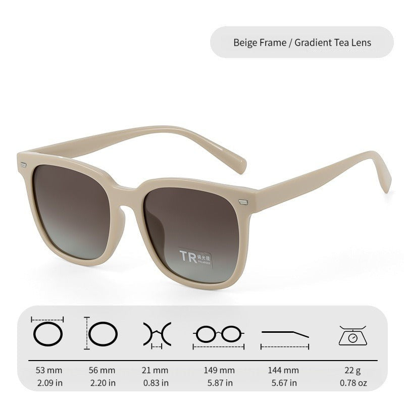 Soft beige cream matte TR90 frame AvileDubee TR20416 square sunglasses, gradient tea brown tint polarized UV400 lenses official dimension size chart variant shot