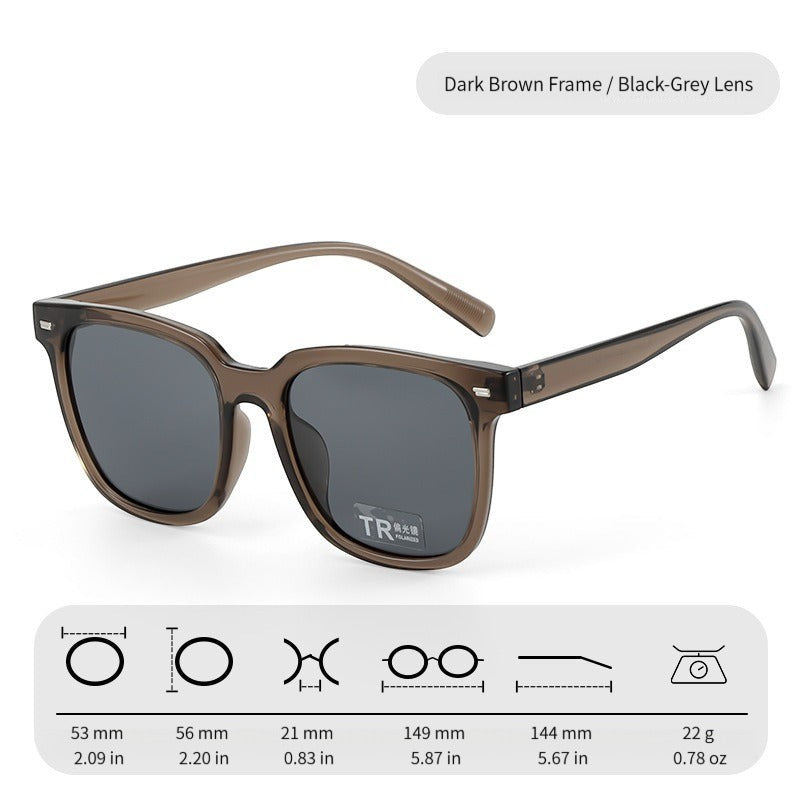 Dark translucent brown TR90 frame AvileDubee TR20416 square polarized sunglasses, black grey anti-glare lenses full measurement size chart studio photo