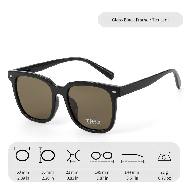 Gloss black TR90 frame AvileDubee TR20416 men square sunglasses, warm tea brown tint UV400 polarized lenses official size spec white background variant