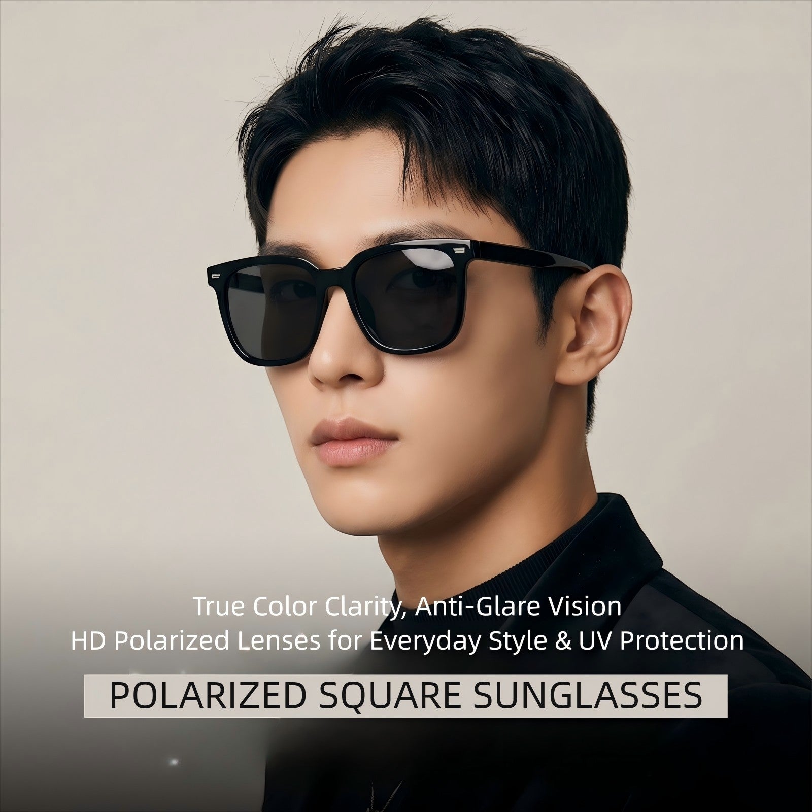 Man wearing AvileDubee TR20416 TR90 square polarized sunglasses, banner text highlighting anti-glare HD vision & full UV400 protection for everyday travel and driving