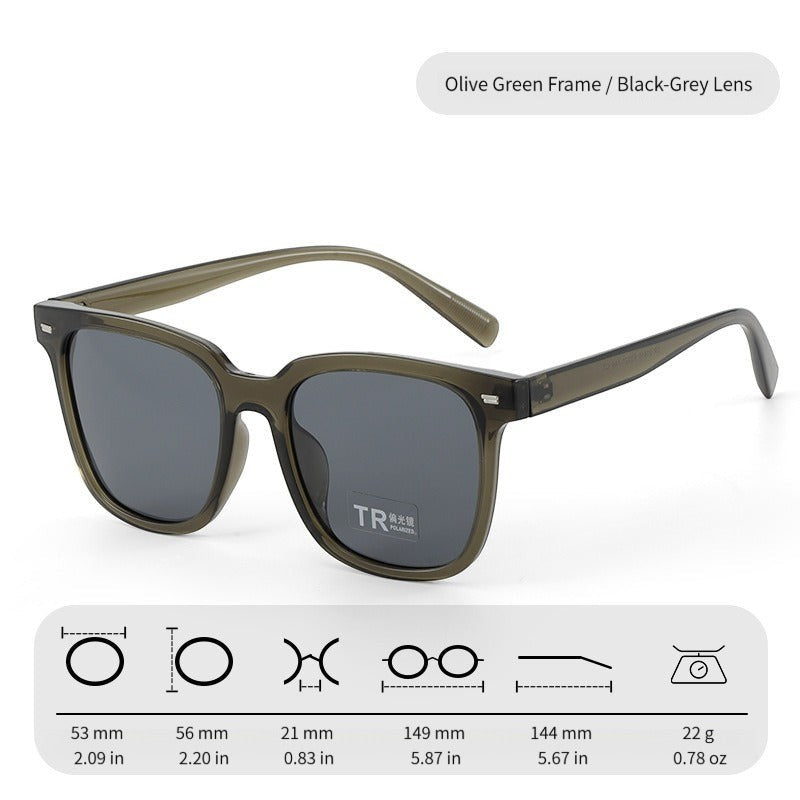 Transparent olive green TR90 frame AvileDubee TR20416 men square polarized sunglasses, black grey glare-blocking TAC lenses full size measurement chart white background