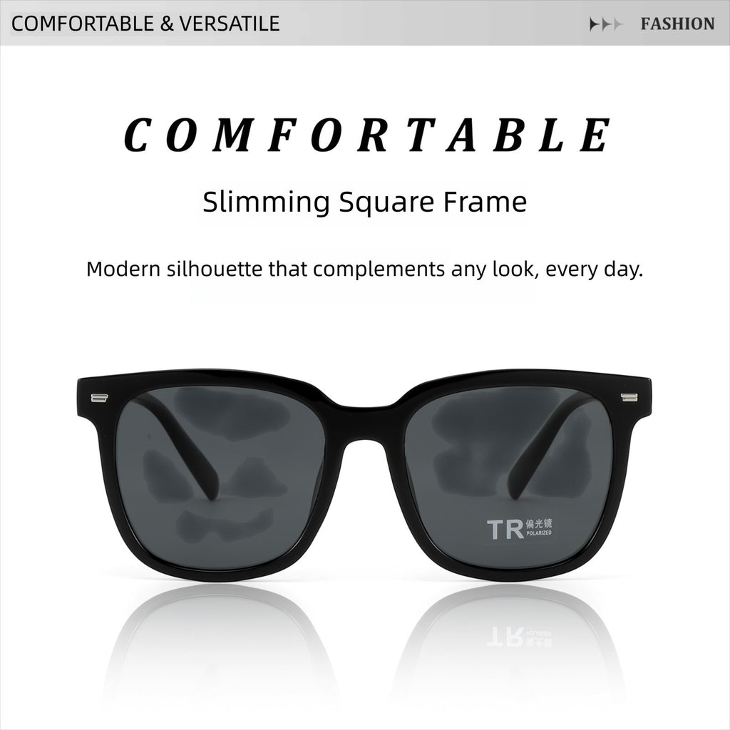 Fashion banner for AvileDubee TR20416 minimalist square polarized sunglasses, text introducing slimming versatile frame design that matches all men outfits daily