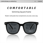 Fashion banner for AvileDubee TR20416 minimalist square polarized sunglasses, text introducing slimming versatile frame design that matches all men outfits daily