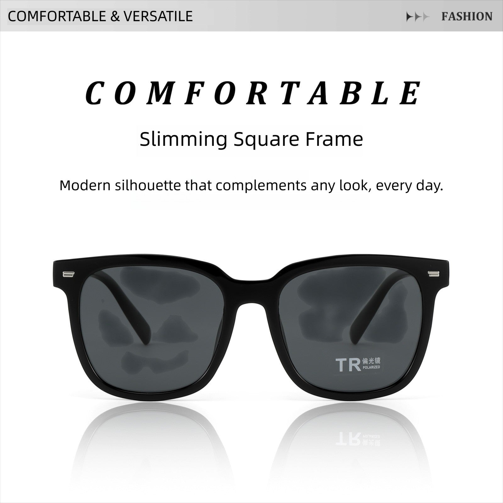 Fashion banner for AvileDubee TR20416 minimalist square polarized sunglasses, text introducing slimming versatile frame design that matches all men outfits daily