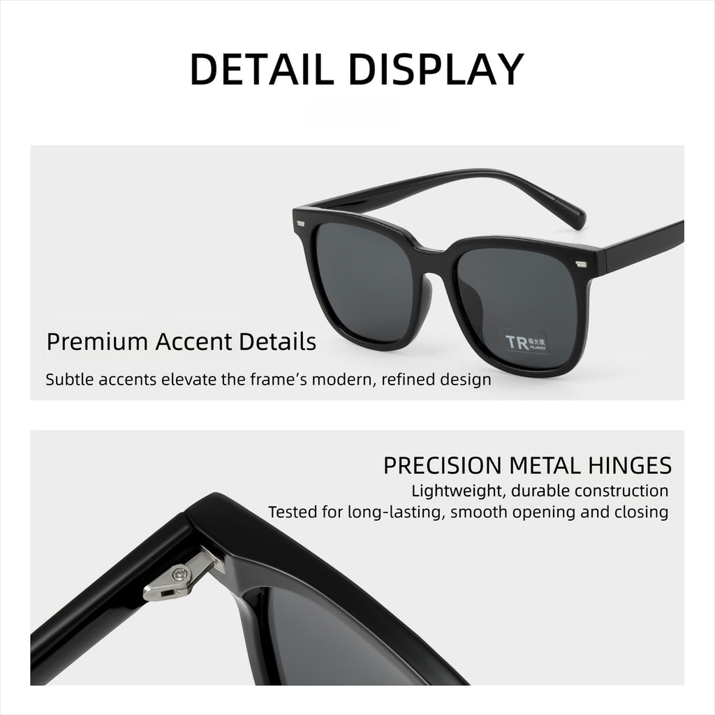 Detail display graphic for AvileDubee TR20416 square polarized sunglasses, close-up of premium smooth frame texture and durable precision metal hinges for long daily wear
