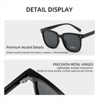 Detail display graphic for AvileDubee TR20416 square polarized sunglasses, close-up of premium smooth frame texture and durable precision metal hinges for long daily wear