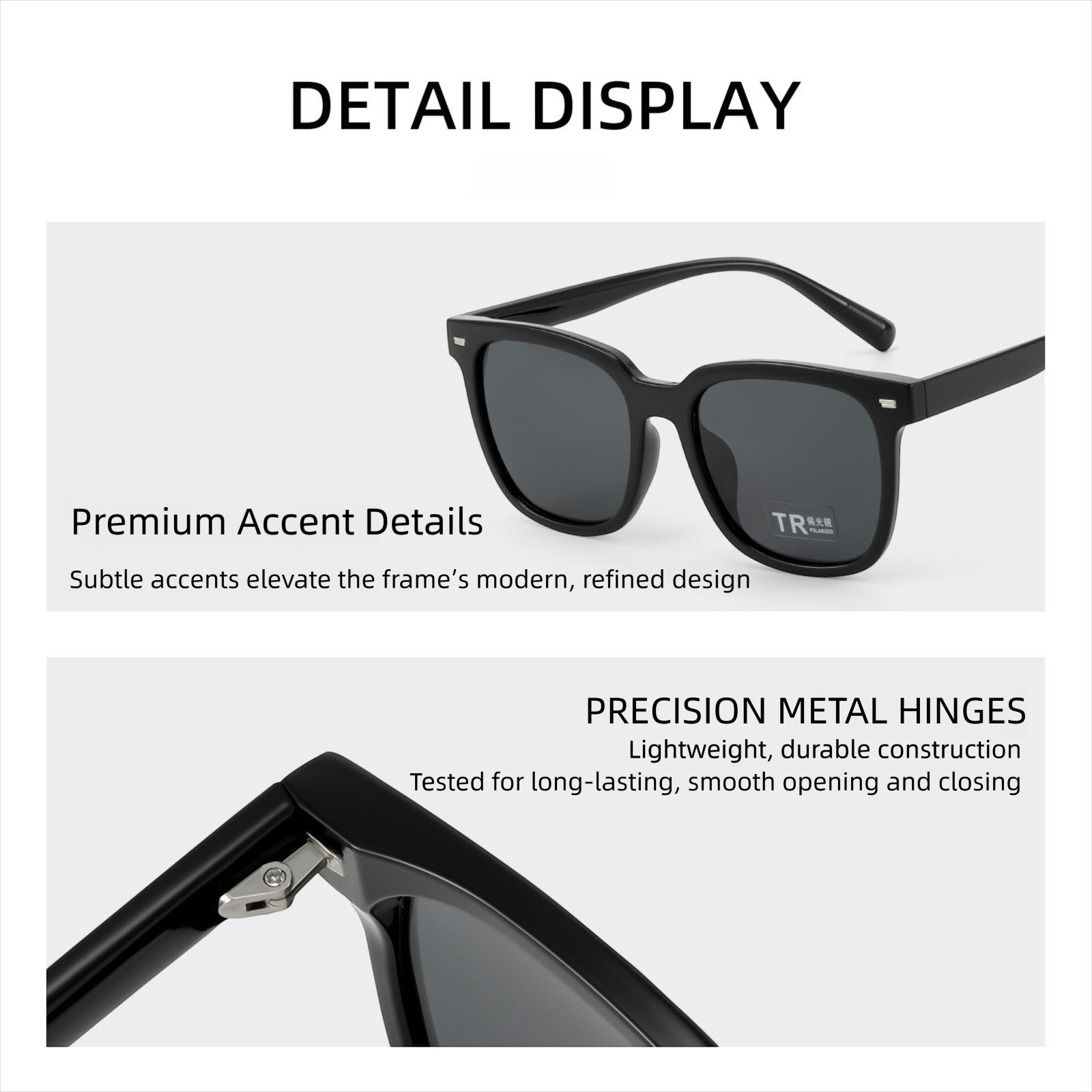 Detail display graphic for AvileDubee TR20416 square polarized sunglasses, close-up of premium smooth frame texture and durable precision metal hinges for long daily wear