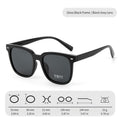AvileDubee TR20416 variant square polarized sunglasses, glossy black TR90 frame with black grey UV400 TAC lenses, official size dimension chart white background studio photo