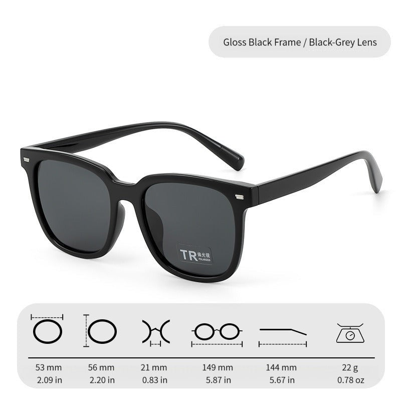 AvileDubee TR20416 variant square polarized sunglasses, glossy black TR90 frame with black grey UV400 TAC lenses, official size dimension chart white background studio photo