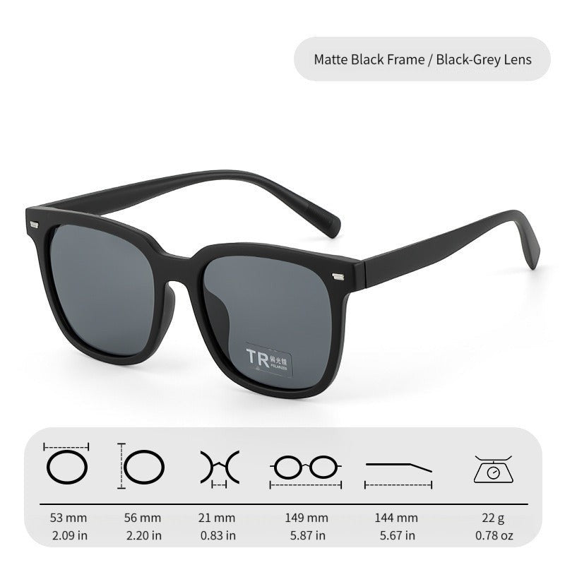 Matte black TR90 frame AvileDubee TR20416 square men sunglasses, dark grey polarized TAC lenses with full product size specs white background variant image
