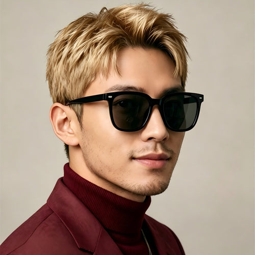 Male model wearing AvileDubee TR20416 black TR90 square polarized sunglasses, maroon turtleneck smart casual outfit indoor lifestyle shot for men daily driving eyewear