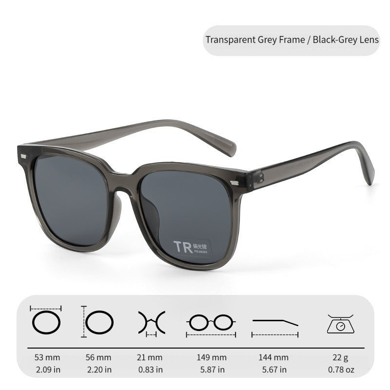 Transparent smoke grey TR90 frame AvileDubee TR20416 polarized square sunglasses, black grey anti-glare lenses with complete dimension size chart