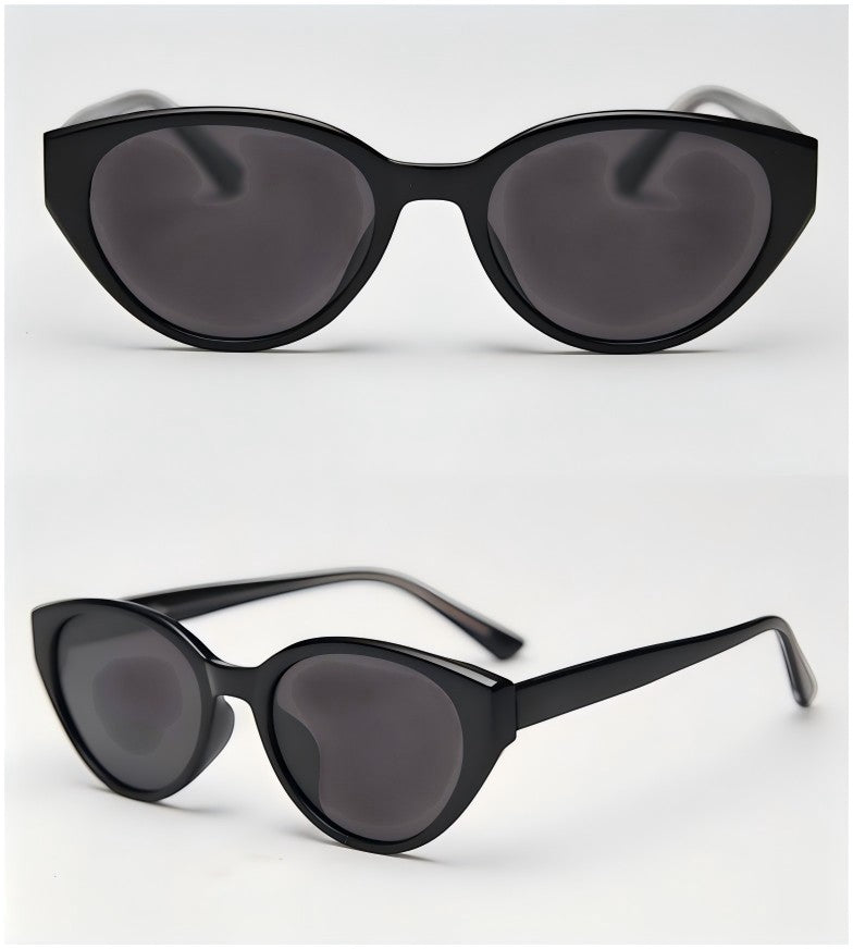 Vintage cat eye sunglasses variant, glossy black full frame with dark grey UV400 polarized lenses white background studio photo
