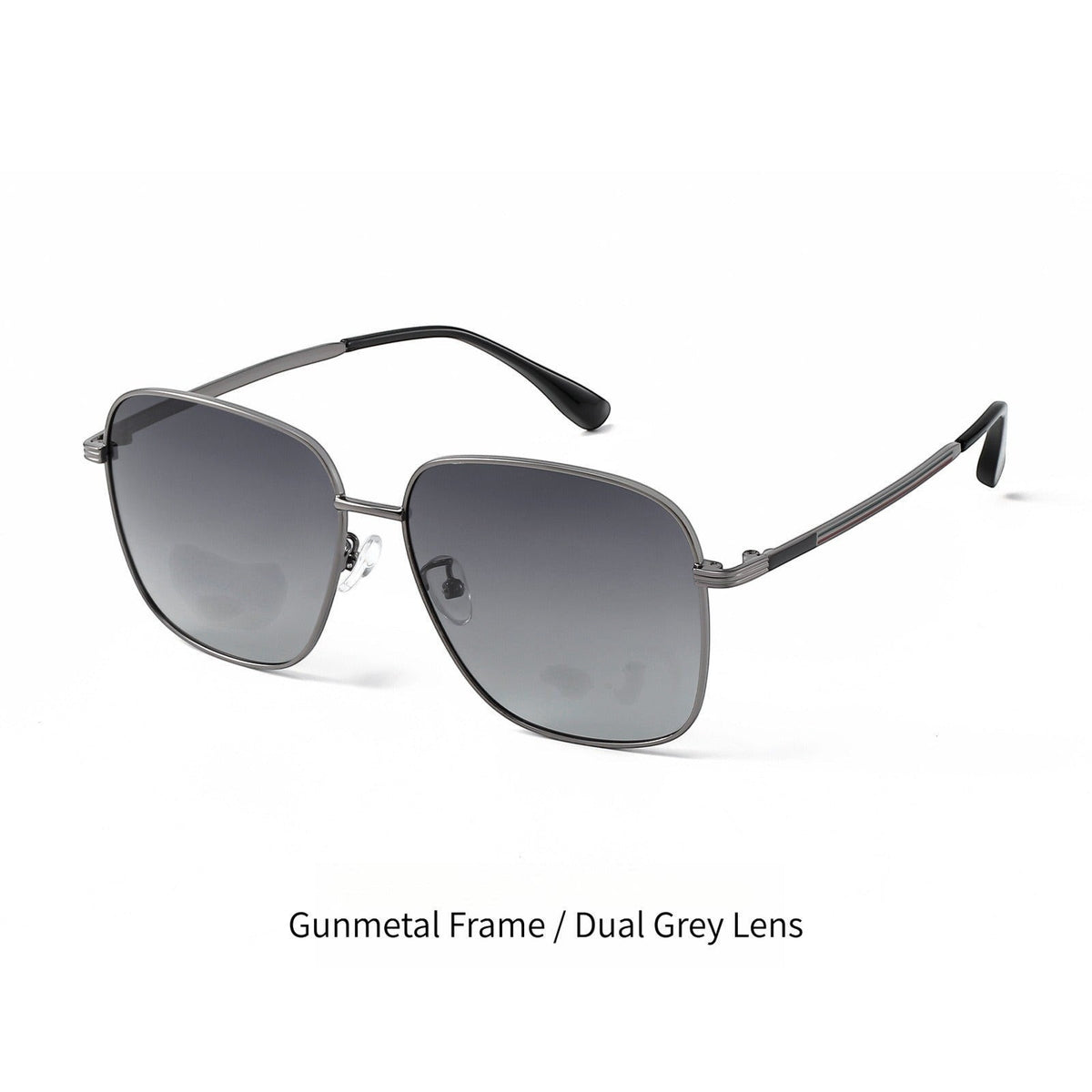 Gradient dual grey lens square titanium polarized sunglasses for men, gunmetal metal frame anti-glare driving shades white background product shot