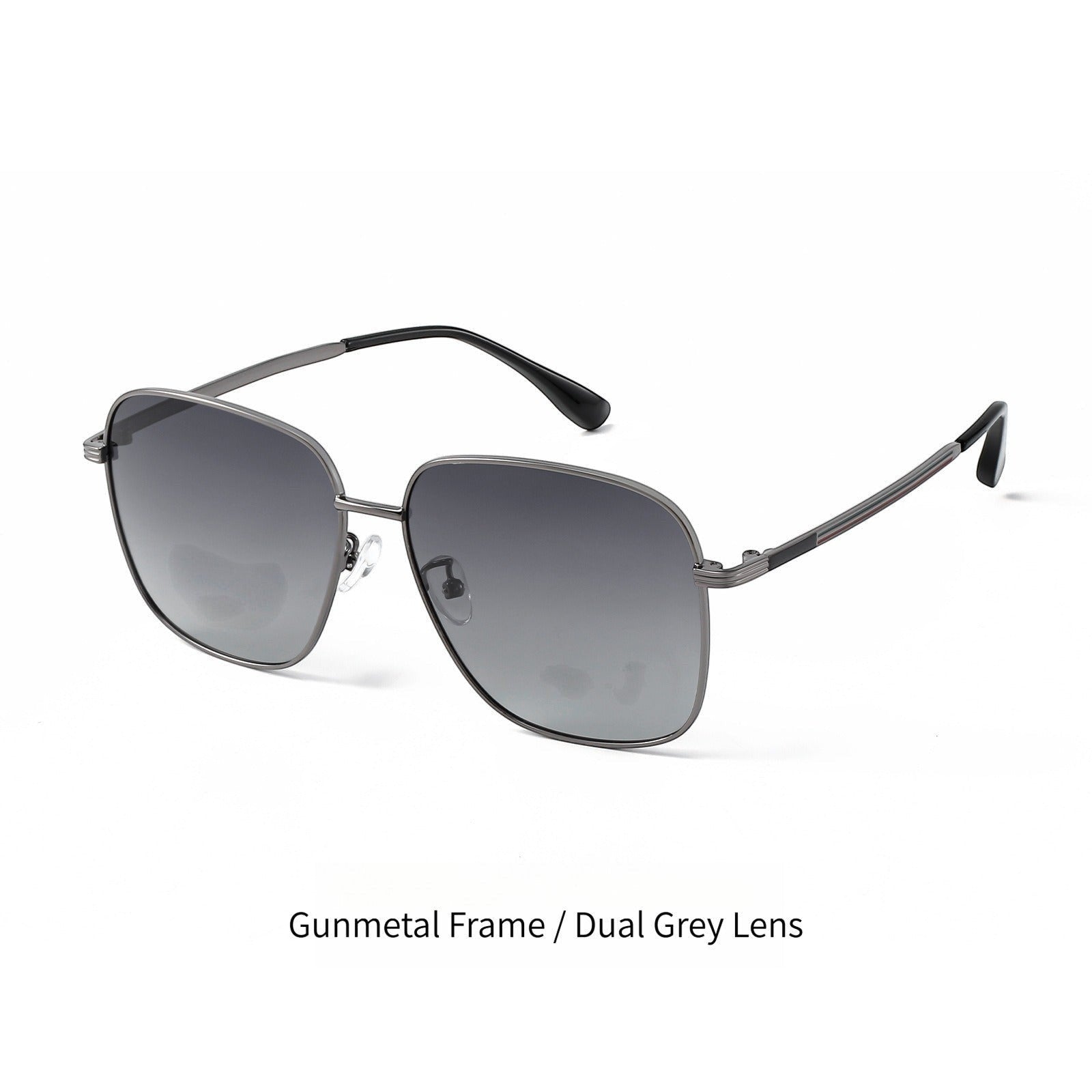 Gradient dual grey lens square titanium polarized sunglasses for men, gunmetal metal frame anti-glare driving shades white background product shot