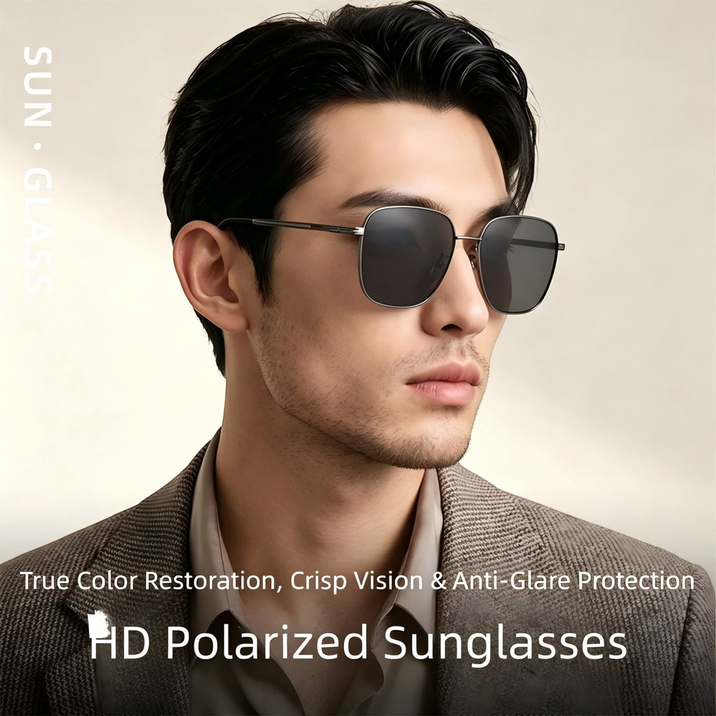 Male model wearing retro square titanium polarized sunglasses for business office and highway driving, HD anti-glare UV400 lenses men lifestyle photography