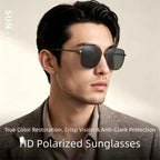 Male model wearing retro square titanium polarized sunglasses for business office and highway driving, HD anti-glare UV400 lenses men lifestyle photography