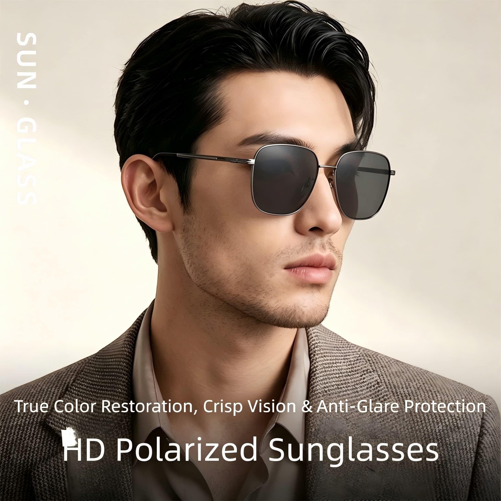 Male model wearing retro square titanium polarized sunglasses for business office and highway driving, HD anti-glare UV400 lenses men lifestyle photography
