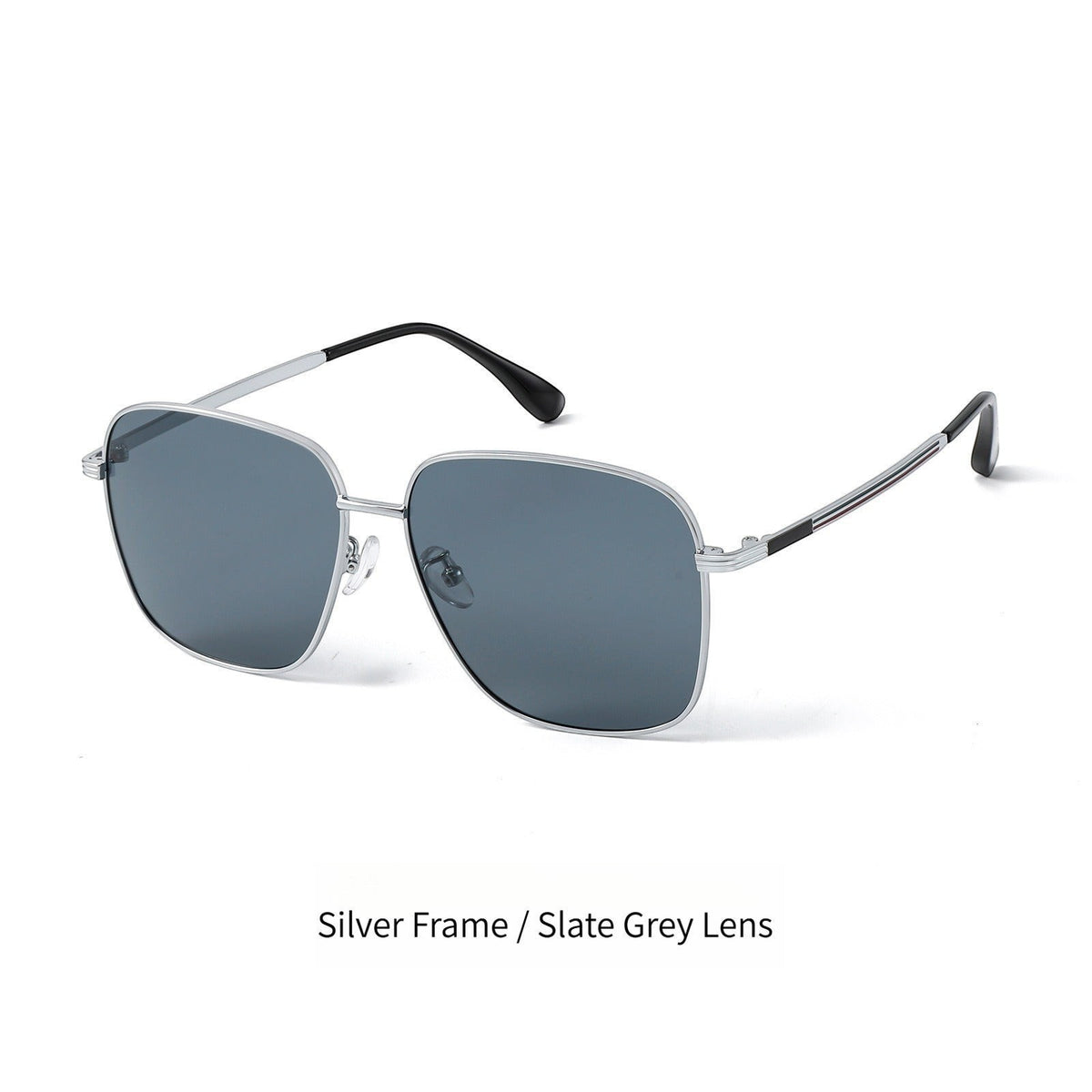 Ultra lightweight square metal polarized sunglasses for men, silver frame paired with slate grey UV400 polarized lenses studio white background