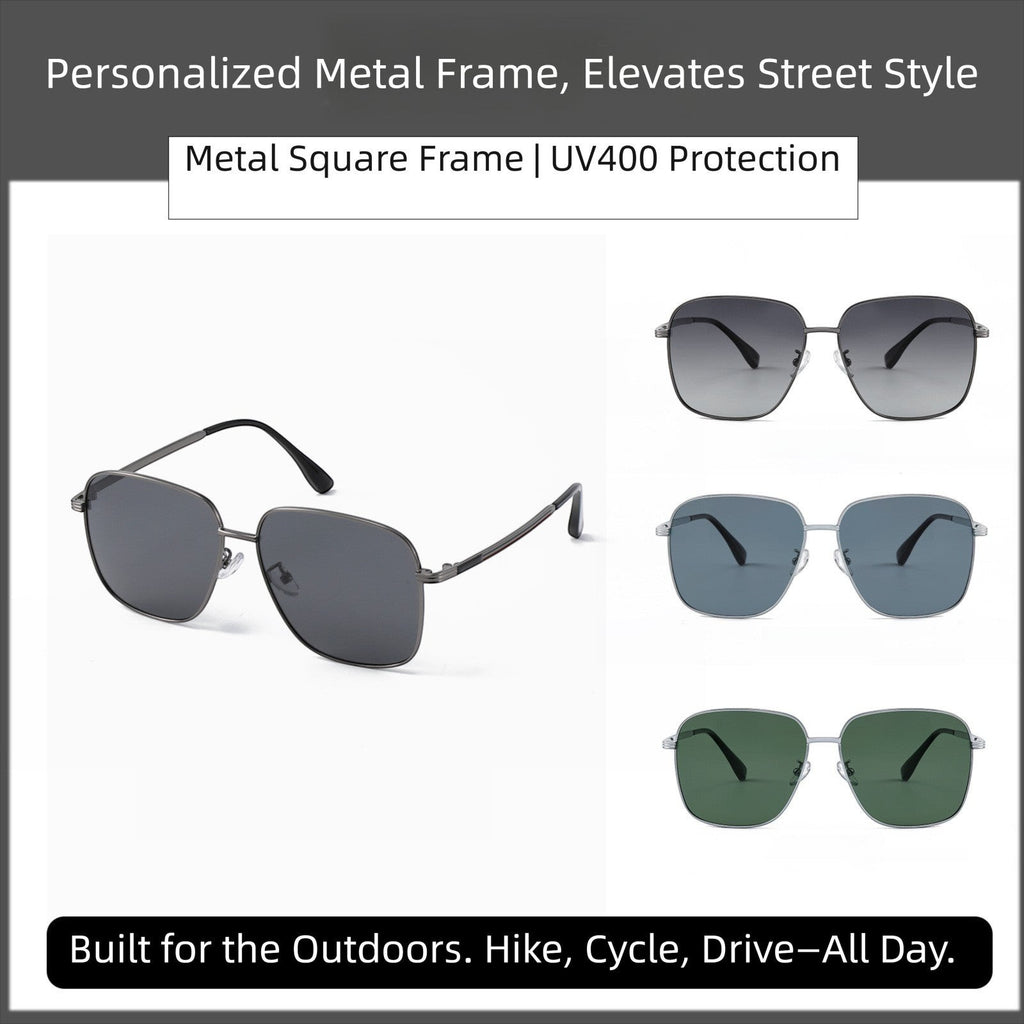 Banner showing multi-color square titanium polarized sunglasses, built for outdoor driving, cycling and hiking with UV400 polarized lenses for men street style