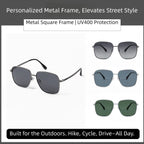 Banner showing multi-color square titanium polarized sunglasses, built for outdoor driving, cycling and hiking with UV400 polarized lenses for men street style