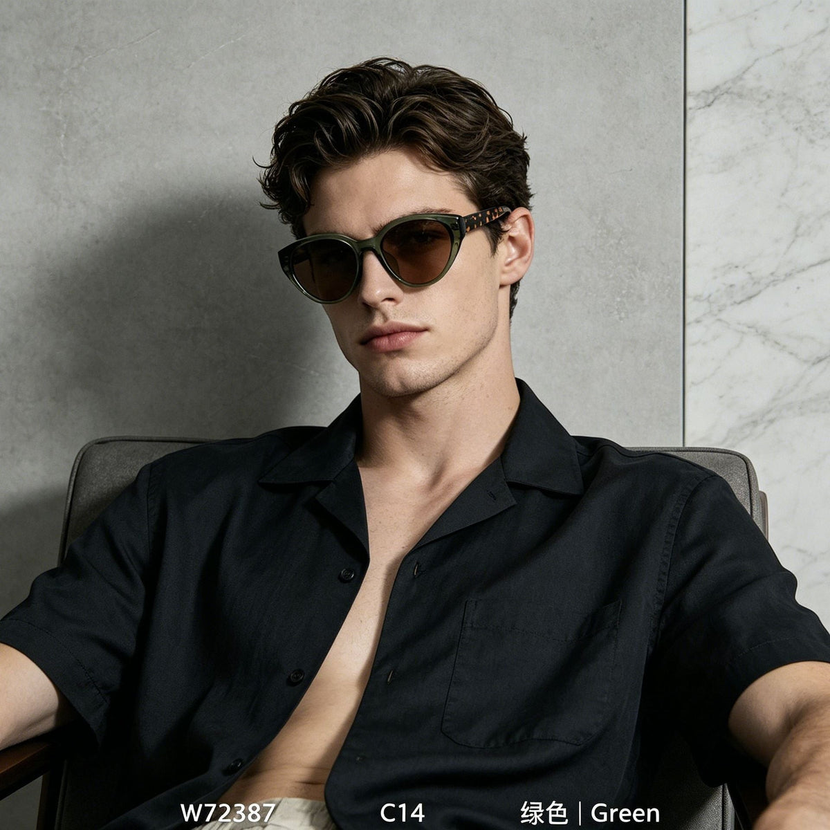 Young male model wearing retro cat eye sunglasses with green frame, casual linen shirt indoor lifestyle portrait for street fashion eyewear