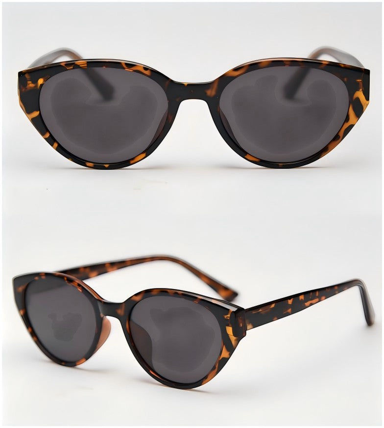 Classic tortoise shell print TR90 cat eye polarized sunglasses, dark grey UV400 lenses women retro fashion eyewear white background