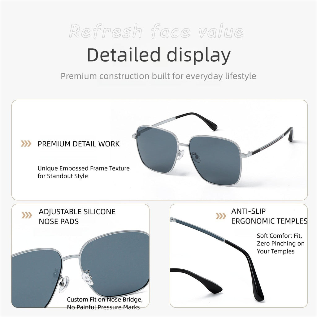 Detailed feature display of square titanium polarized sunglasses, adjustable silicone nose pads, anti-slip ergonomic soft temples, premium frame texture close-up