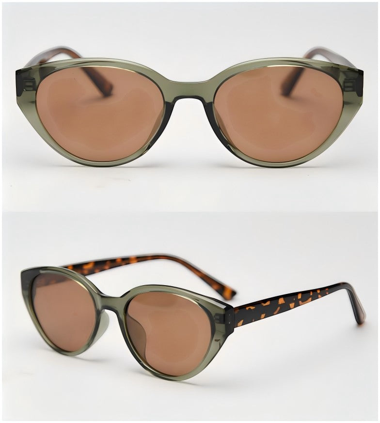 Dual color cat eye sunglasses, translucent green front frame with tortoise print temples, tea brown polarized lenses women vintage eyewear