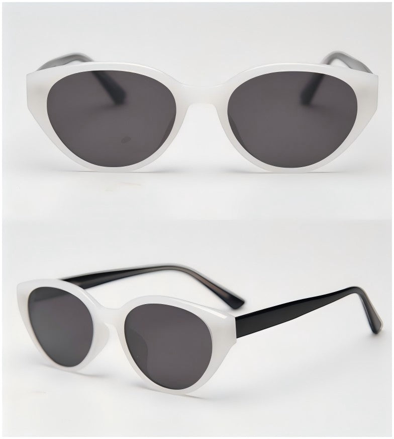 Two tone retro cat eye sunglasses, matte white front frame paired with black temples, dark grey polarized tinted lenses studio variant shot