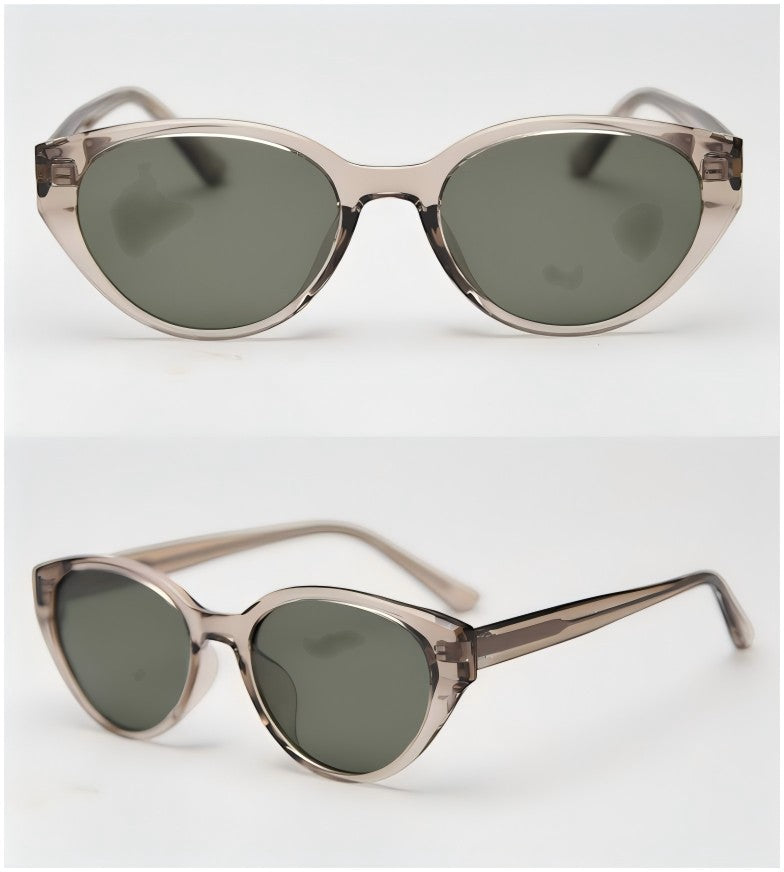 Light khaki translucent frame retro cat eye polarized sunglasses for women, green tint UV protection lenses white background variant image